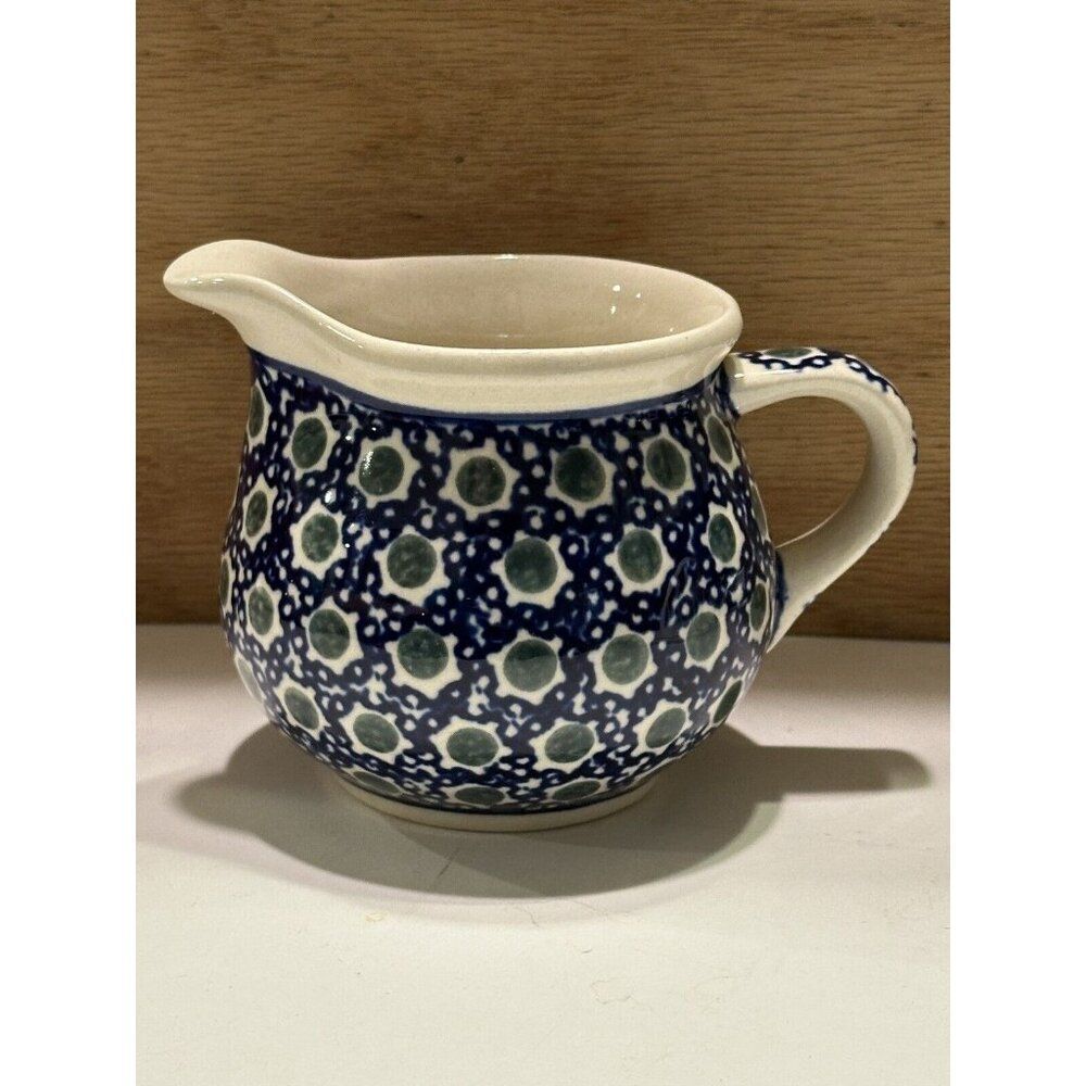 Boleslawiec Polish Art Pottery Blue Peacock Dots Creamer Small Pitcher Syrup